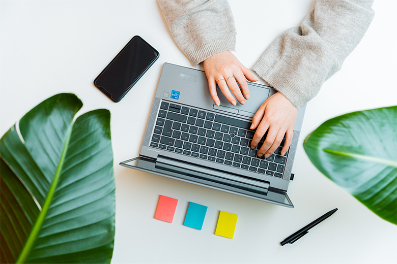 Person typing on a computer surrounded by office equipments and green leafs