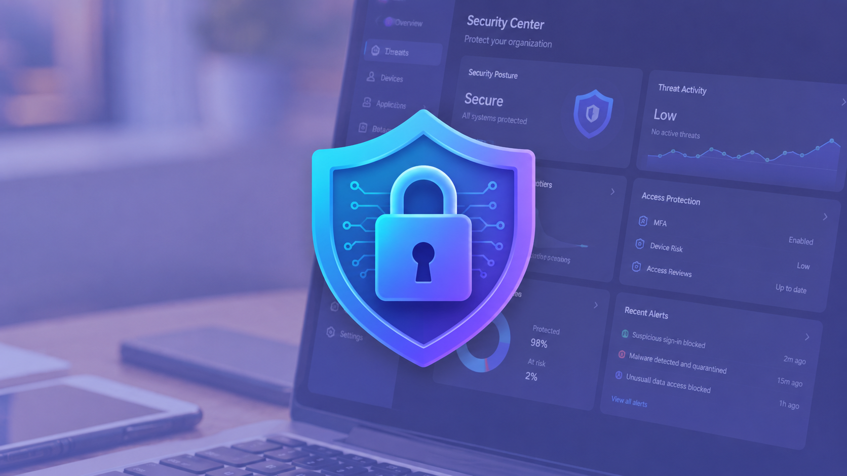 Shield with a lock in front of a computer
